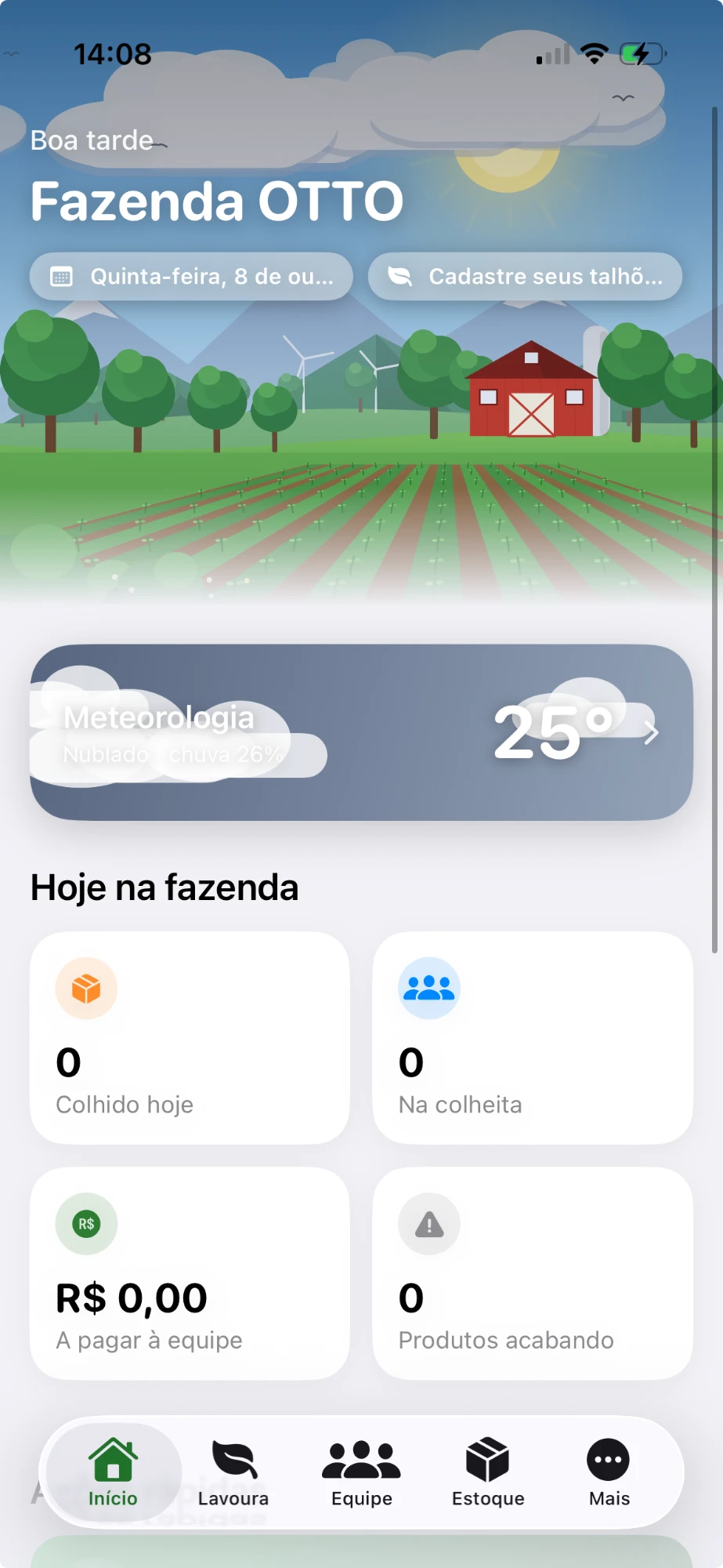 Tela inicial do Agrissline: paisagem da fazenda, previsão do tempo e resumo do dia